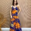 Vestido Longo com Bojo e Fenda Estampa Laranja e Azul - Fernanda Ramos Store