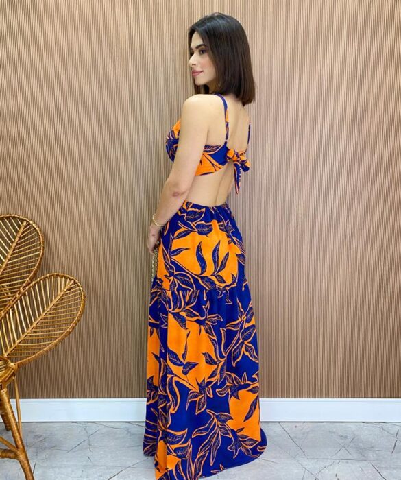 Vestido Longo com Bojo e Fenda Estampa Laranja e Azul - Fernanda Ramos Store