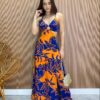 Vestido Longo com Bojo e Fenda Estampa Laranja e Azul - Fernanda Ramos Store