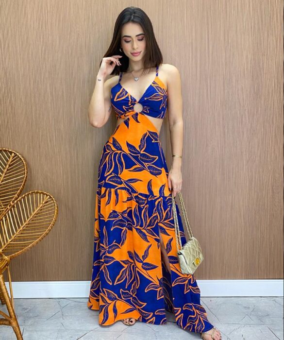 Vestido Longo com Bojo e Fenda Estampa Laranja e Azul - Fernanda Ramos Store