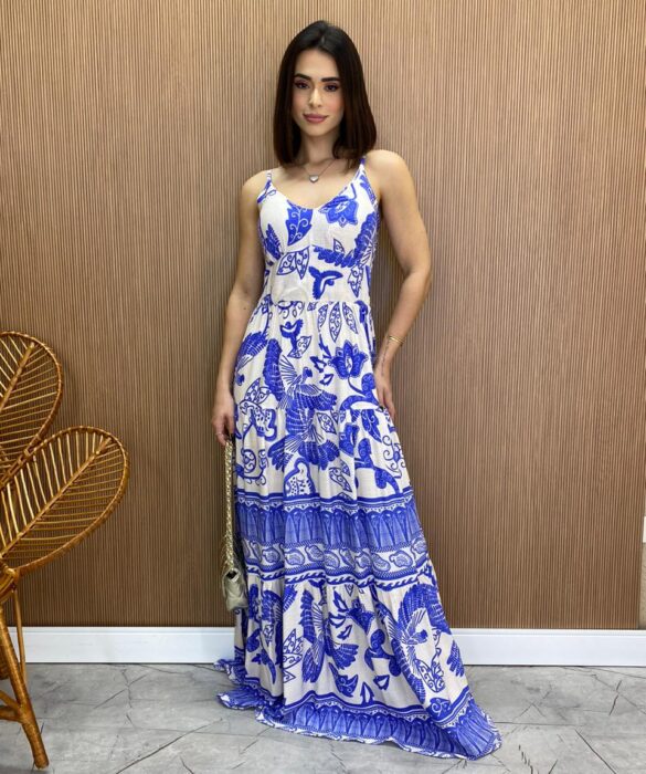 Vestido Longo com Bojo Helena Estampado Azul - Fernanda Ramos Store