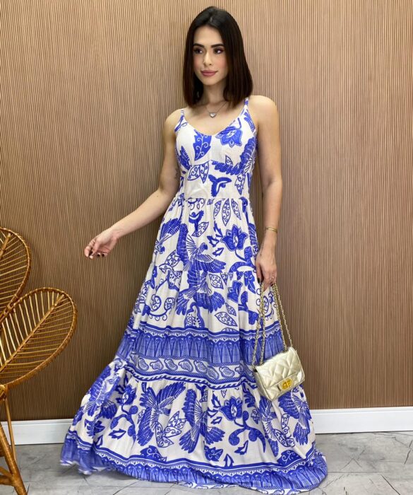 Vestido Longo com Bojo Helena Estampado Azul - Fernanda Ramos Store