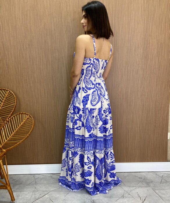 Vestido Longo com Bojo Helena Estampado Azul - Fernanda Ramos Store