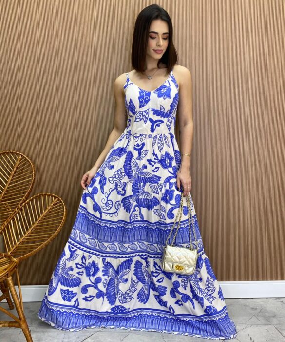 Vestido Longo com Bojo Helena Estampado Azul - Fernanda Ramos Store