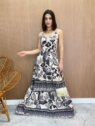 Vestido Longo com Bojo Helena Estampado Preto e Branco - Fernanda Ramos Store