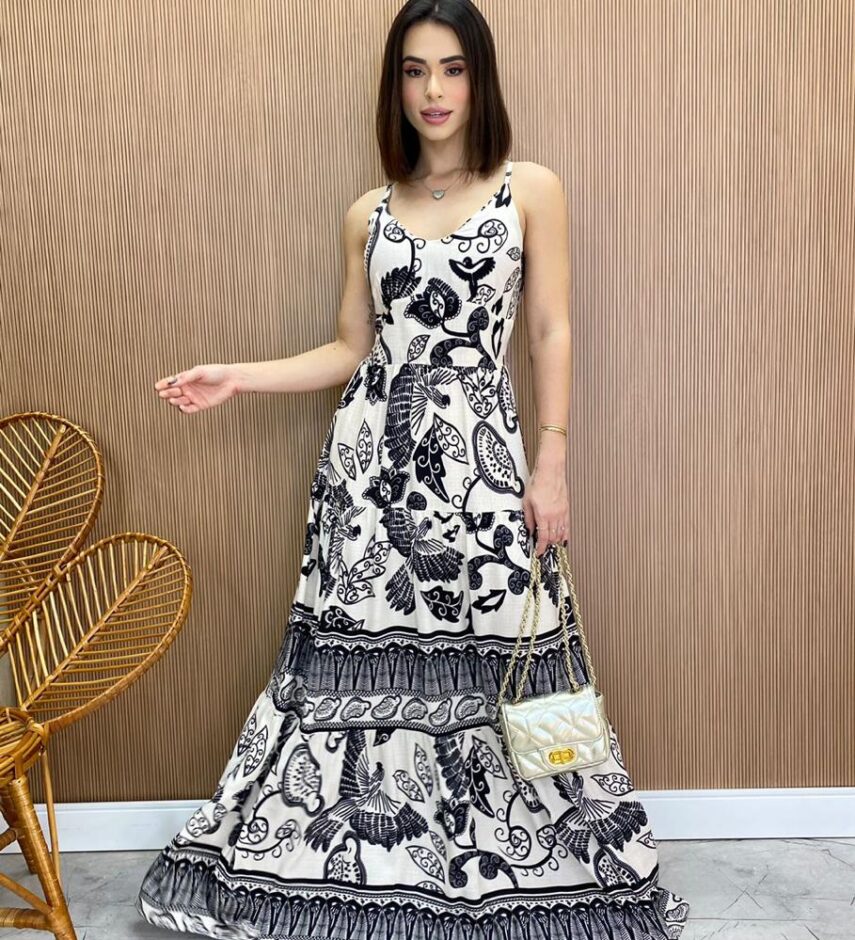 Vestido Longo com Bojo Helena Estampado Preto e Branco - Fernanda Ramos Store