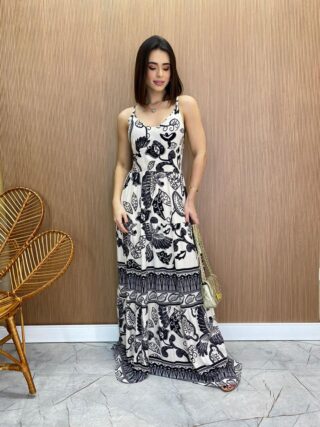 Vestido Longo com Bojo Helena Estampado Preto e Branco - Fernanda Ramos Store