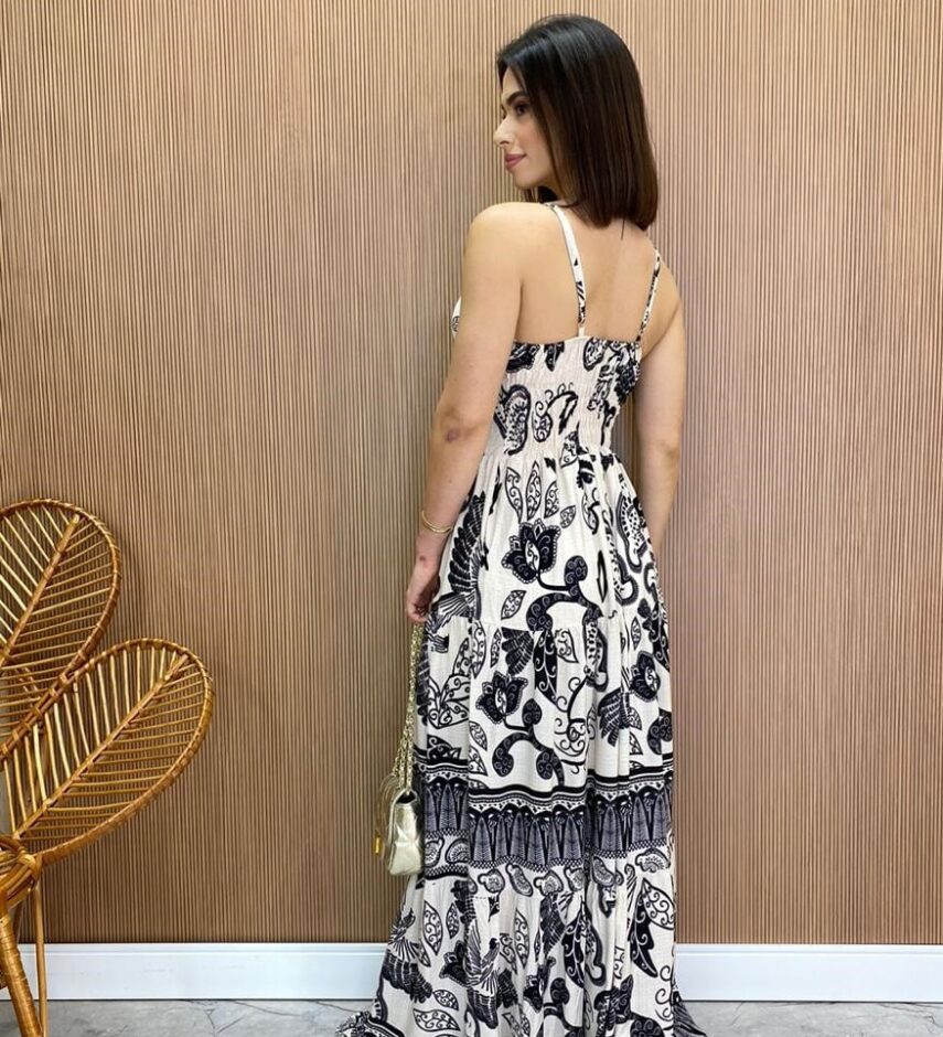 Vestido Longo com Bojo Helena Estampado Preto e Branco - Fernanda Ramos Store