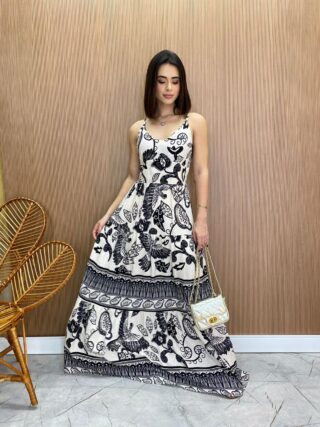 Vestido Longo com Bojo Helena Estampado Preto e Branco - Fernanda Ramos Store