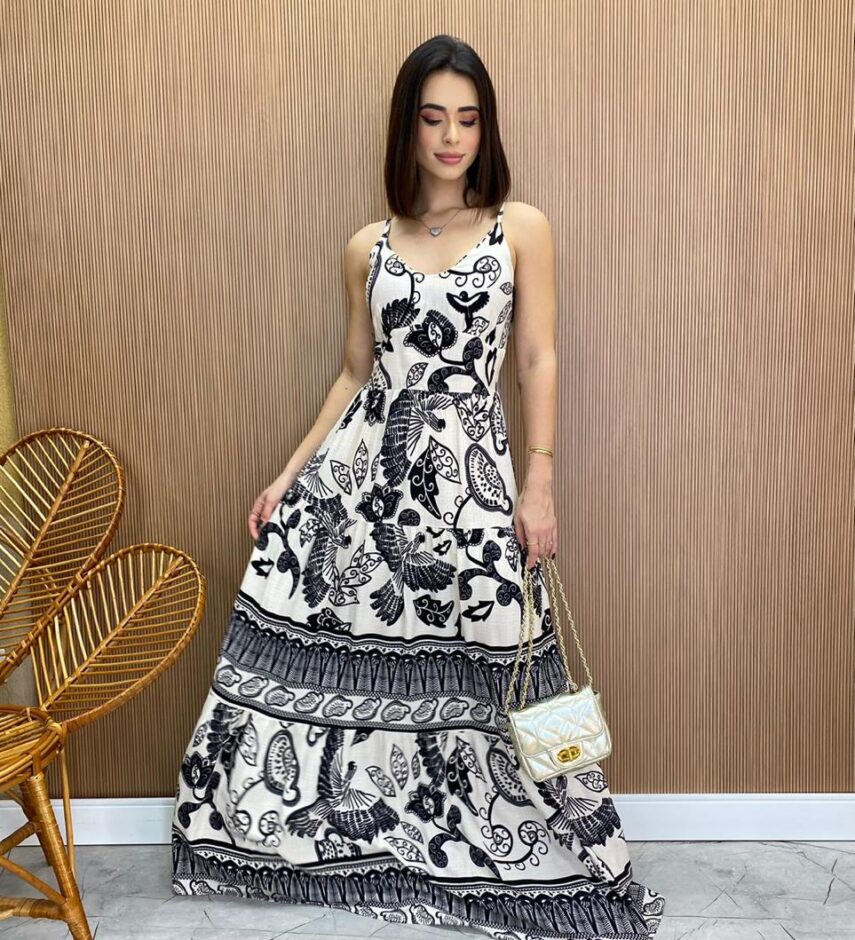 Vestido Longo com Bojo Helena Estampado Preto e Branco - Fernanda Ramos Store