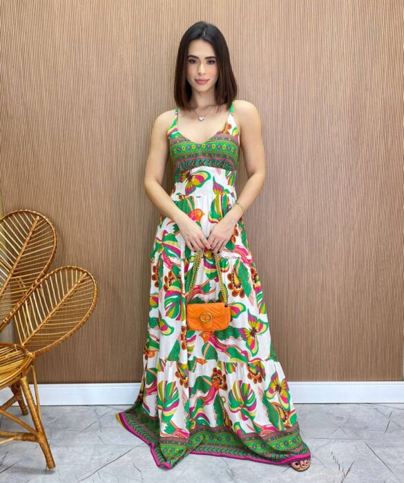 Vestido Longo com Bojo Helena Estampado Verde - Fernanda Ramos Store