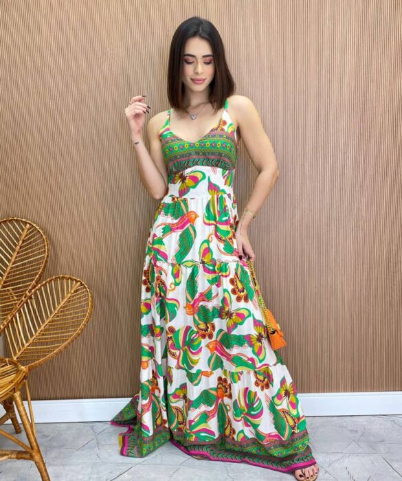 Vestido Longo com Bojo Helena Estampado Verde - Fernanda Ramos Store