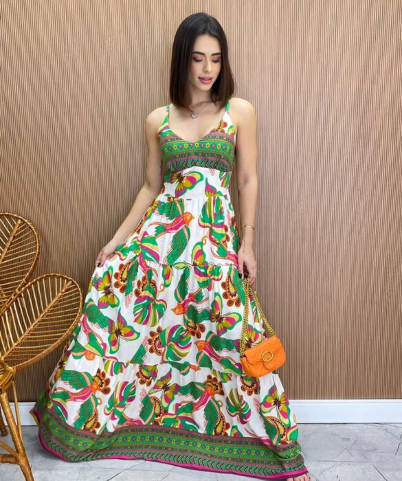 Vestido Longo com Bojo Helena Estampado Verde - Fernanda Ramos Store