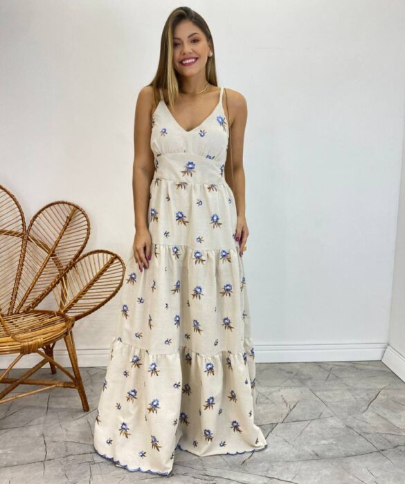 Vestido Longo com Bojo Juliana Alça Regulável Cru Bordado Azul - Fernanda Ramos Store