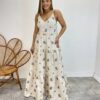 Vestido Longo com Bojo Juliana Alça Regulável Cru Bordado Azul - Fernanda Ramos Store