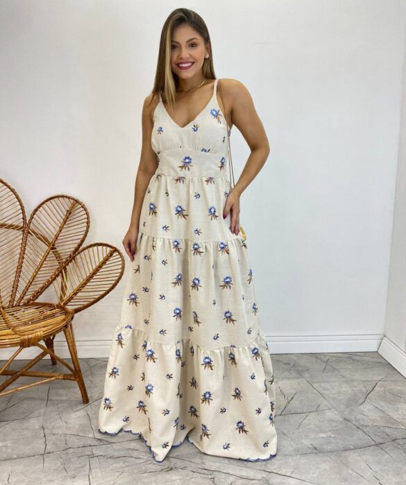 Vestido Longo com Bojo Juliana Alça Regulável Cru Bordado Azul - Fernanda Ramos Store