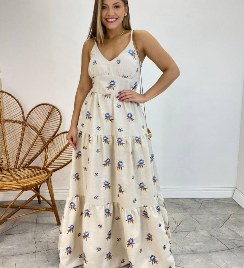 Vestido Longo com Bojo Juliana Alça Regulável Cru Bordado Azul - Fernanda Ramos Store
