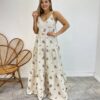 Vestido Longo com Bojo Juliana Alça Regulável Cru Bordado Azul - Fernanda Ramos Store