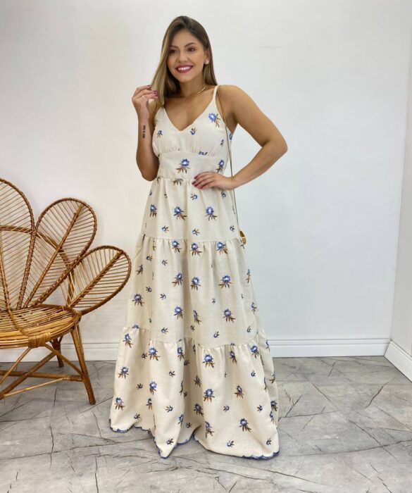 Vestido Longo com Bojo Juliana Alça Regulável Cru Bordado Azul - Fernanda Ramos Store