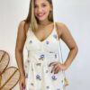 Vestido Longo com Bojo Juliana Alça Regulável Cru Bordado Azul - Fernanda Ramos Store