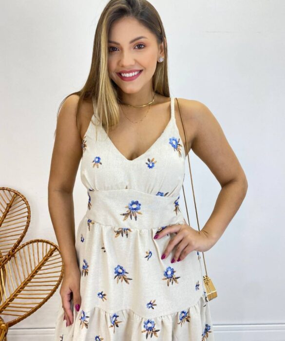 Vestido Longo com Bojo Juliana Alça Regulável Cru Bordado Azul - Fernanda Ramos Store