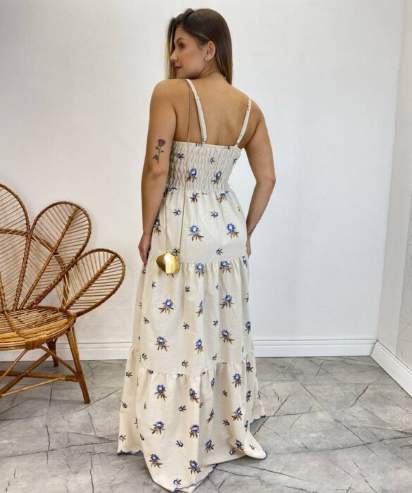 Vestido Longo com Bojo Juliana Alça Regulável Cru Bordado Azul - Fernanda Ramos Store