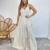 Vestido Longo com Bojo Juliana Alça Regulável Cru Bordado Floral - Fernanda Ramos Store