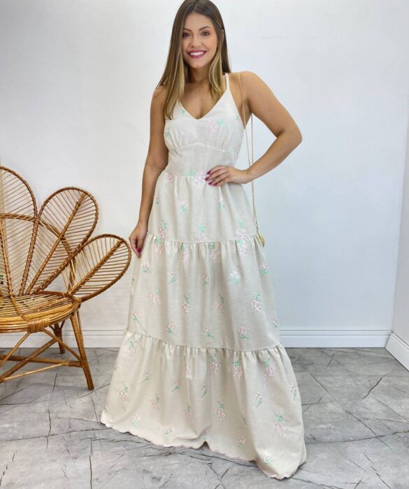 Vestido Longo com Bojo Juliana Alça Regulável Cru Bordado Floral - Fernanda Ramos Store