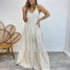 Vestido Longo com Bojo Juliana Alça Regulável Cru Bordado Floral - Fernanda Ramos Store