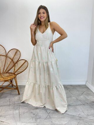 Vestido Longo com Bojo Juliana Alça Regulável Cru Bordado Floral - Fernanda Ramos Store