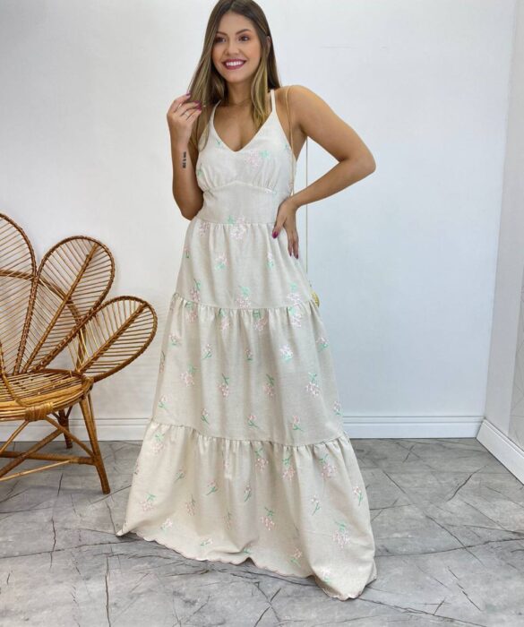 Vestido Longo com Bojo Juliana Alça Regulável Cru Bordado Floral - Fernanda Ramos Store