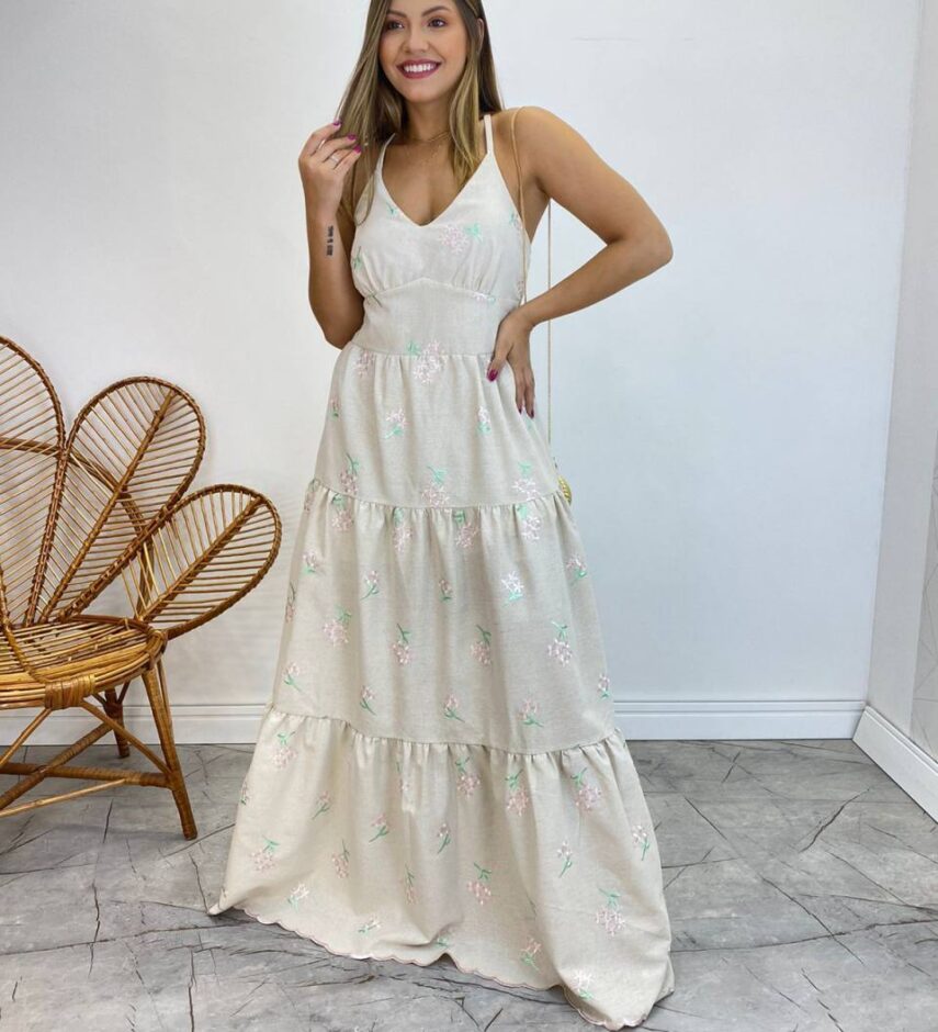 Vestido Longo com Bojo Juliana Alça Regulável Cru Bordado Floral - Fernanda Ramos Store