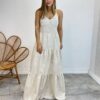 Vestido Longo com Bojo Juliana Alça Regulável Cru Bordado Floral - Fernanda Ramos Store