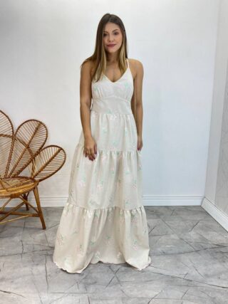 Vestido Longo com Bojo Juliana Alça Regulável Cru Bordado Floral - Fernanda Ramos Store