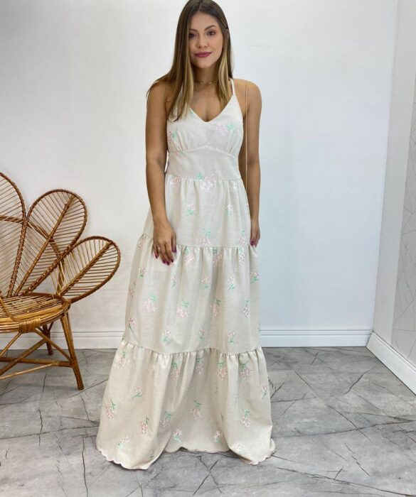 Vestido Longo com Bojo Juliana Alça Regulável Cru Bordado Floral - Fernanda Ramos Store