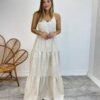 Vestido Longo com Bojo Juliana Alça Regulável Cru Bordado Floral - Fernanda Ramos Store