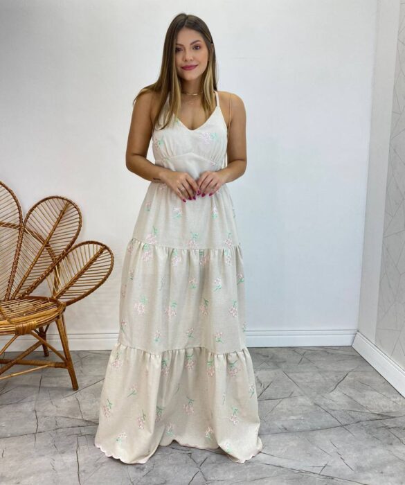 Vestido Longo com Bojo Juliana Alça Regulável Cru Bordado Floral - Fernanda Ramos Store