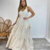 Vestido Longo com Bojo Juliana Alça Regulável Cru Bordado Floral - Fernanda Ramos Store