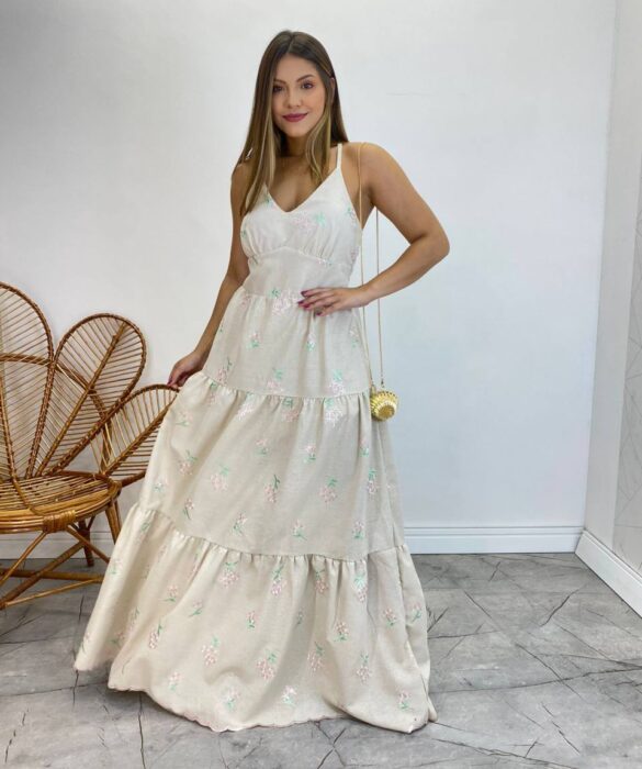 Vestido Longo com Bojo Juliana Alça Regulável Cru Bordado Floral - Fernanda Ramos Store