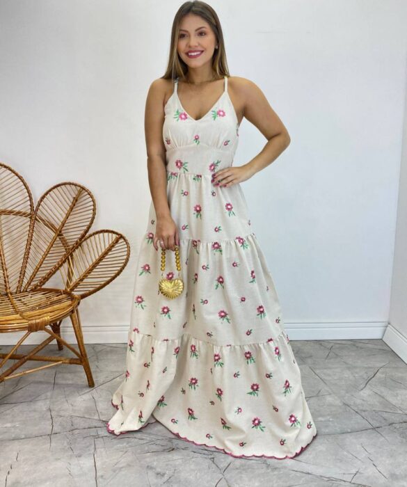 Vestido Longo com Bojo Juliana Alça Regulável Cru Bordado Pink - Fernanda Ramos Store