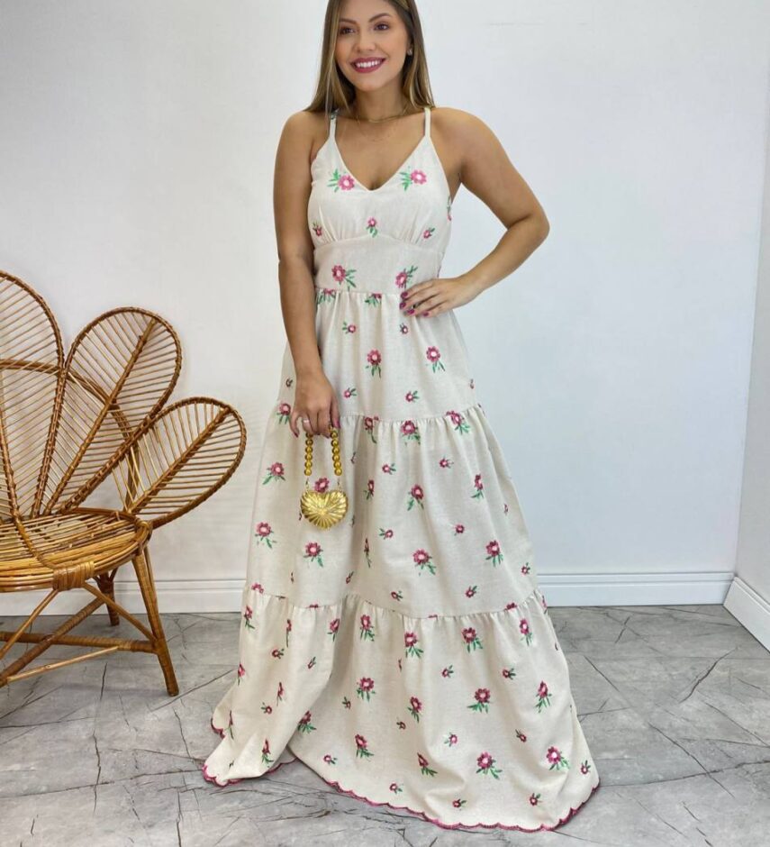 Vestido Longo com Bojo Juliana Alça Regulável Cru Bordado Pink - Fernanda Ramos Store