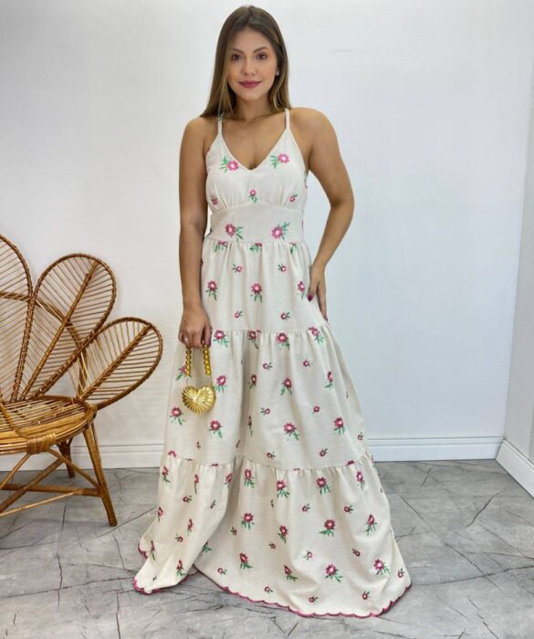 Vestido Longo com Bojo Juliana Alça Regulável Cru Bordado Pink - Fernanda Ramos Store