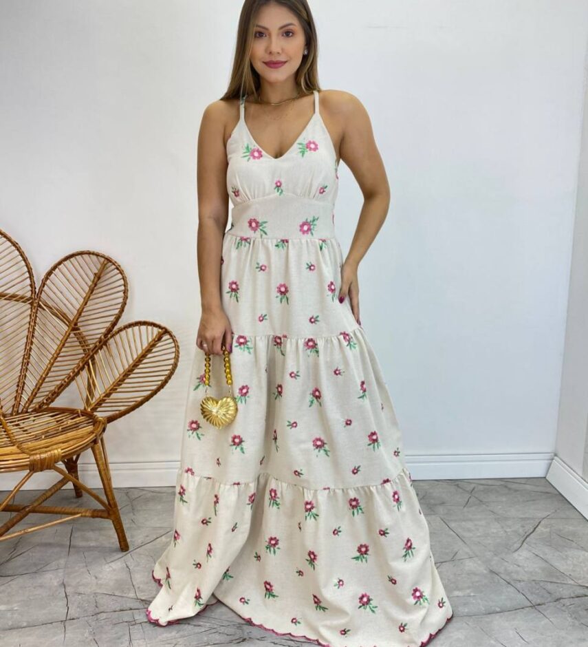 Vestido Longo com Bojo Juliana Alça Regulável Cru Bordado Pink - Fernanda Ramos Store
