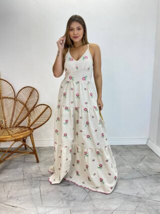 Vestido Longo com Bojo Juliana Alça Regulável Cru Bordado Pink - Fernanda Ramos Store