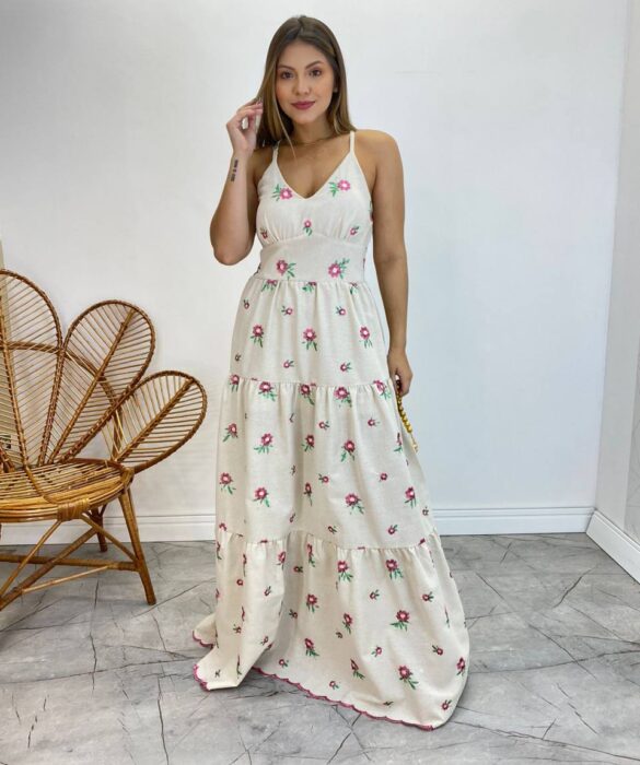 Vestido Longo com Bojo Juliana Alça Regulável Cru Bordado Pink - Fernanda Ramos Store