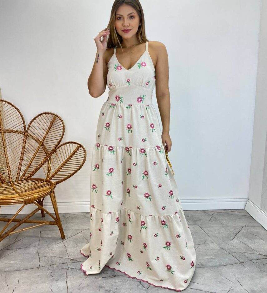Vestido Longo com Bojo Juliana Alça Regulável Cru Bordado Pink - Fernanda Ramos Store