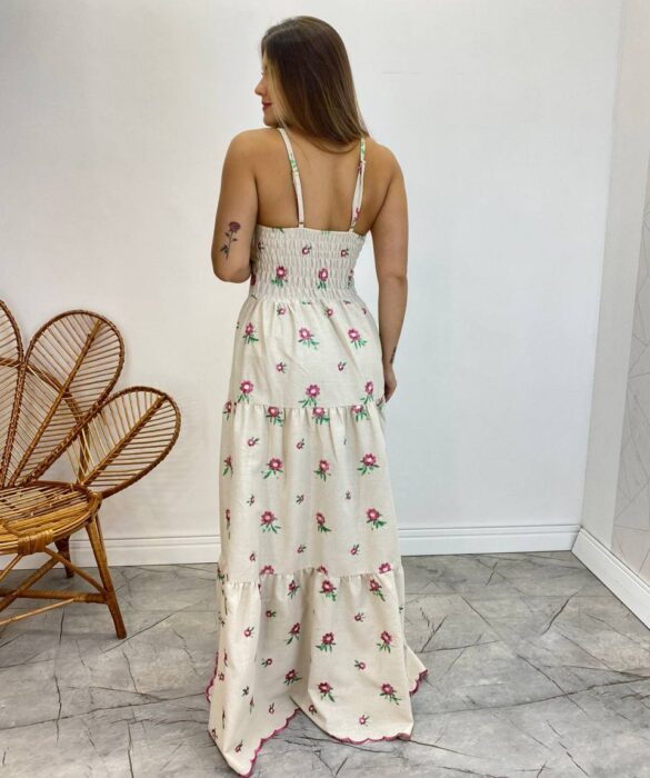 Vestido Longo com Bojo Juliana Alça Regulável Cru Bordado Pink - Fernanda Ramos Store