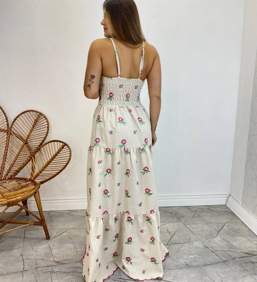 Vestido Longo com Bojo Juliana Alça Regulável Cru Bordado Pink - Fernanda Ramos Store