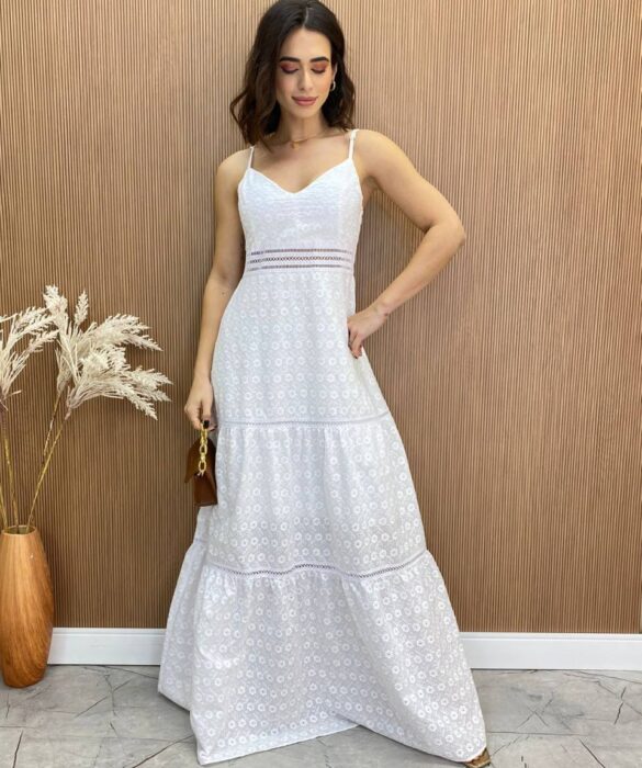 Vestido Longo com Bojo Luna Alça Regulável Bordado Branco - Fernanda Ramos Store