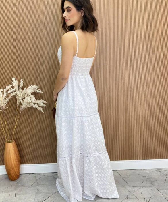 Vestido Longo com Bojo Luna Alça Regulável Bordado Branco - Fernanda Ramos Store